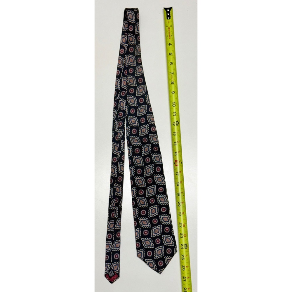 Christian Dior Monsieur Silk Tie Navy Blue Red Geometric Medallion Vintage USA